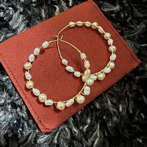 Gold Pearl like bead Earrings hoops
